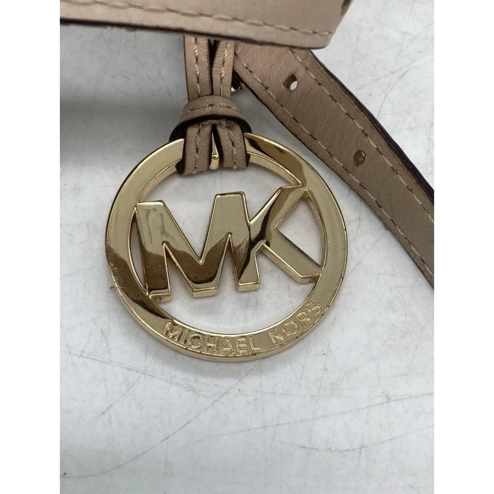Michael Kors Signature Beige Logo Large Tote Zip Top Gold Hardware MK Charm